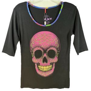 !AY Guey NWT Rhinestone Purple Skull Black Shirt Womens 3/4 Sleeve Stretchy Sz M